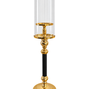 Portavelas alto dorado y negro con cilindro de cristal 53 cm