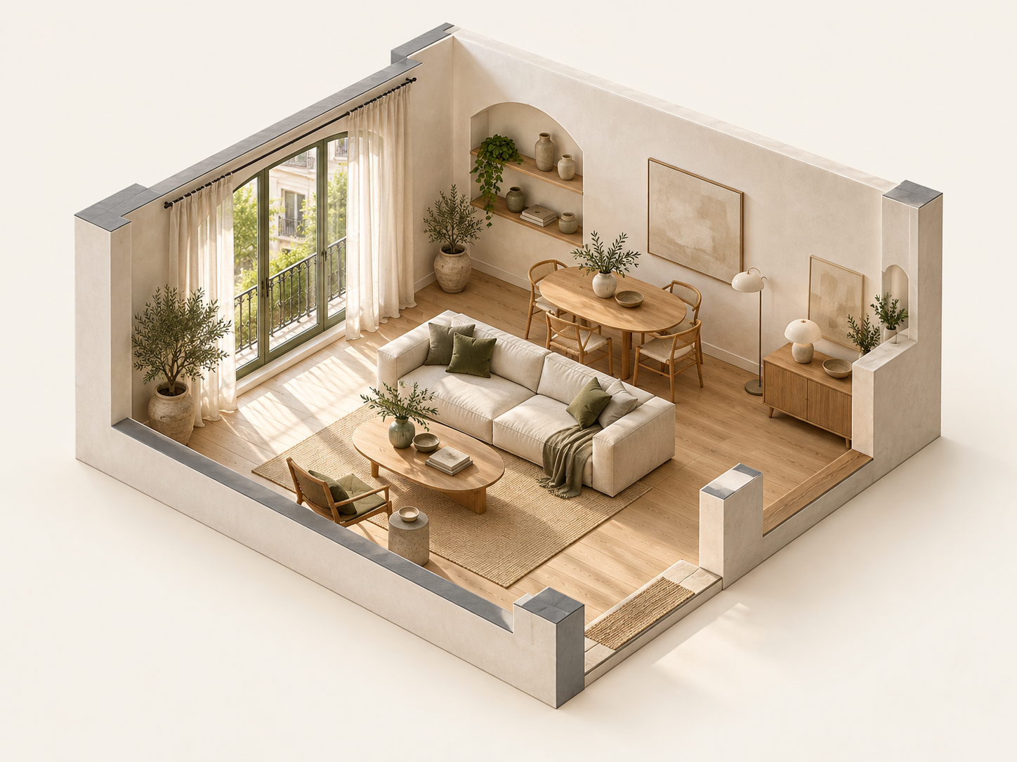 Vista tridimensional de un salón comedor con mobiliario de madera y tonos cálidos
